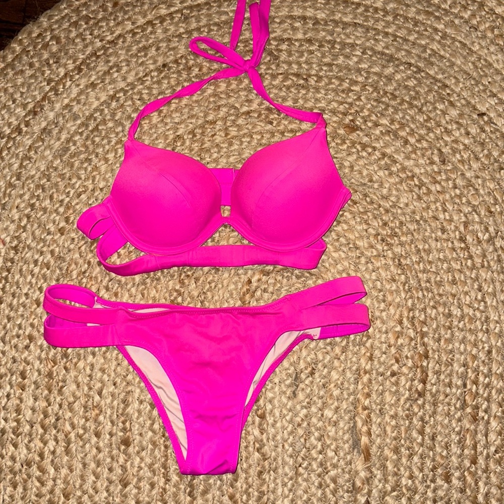 Victoria’s Secret neon pink swimsuit. 2 piece, scrunched bottoms and push-up top